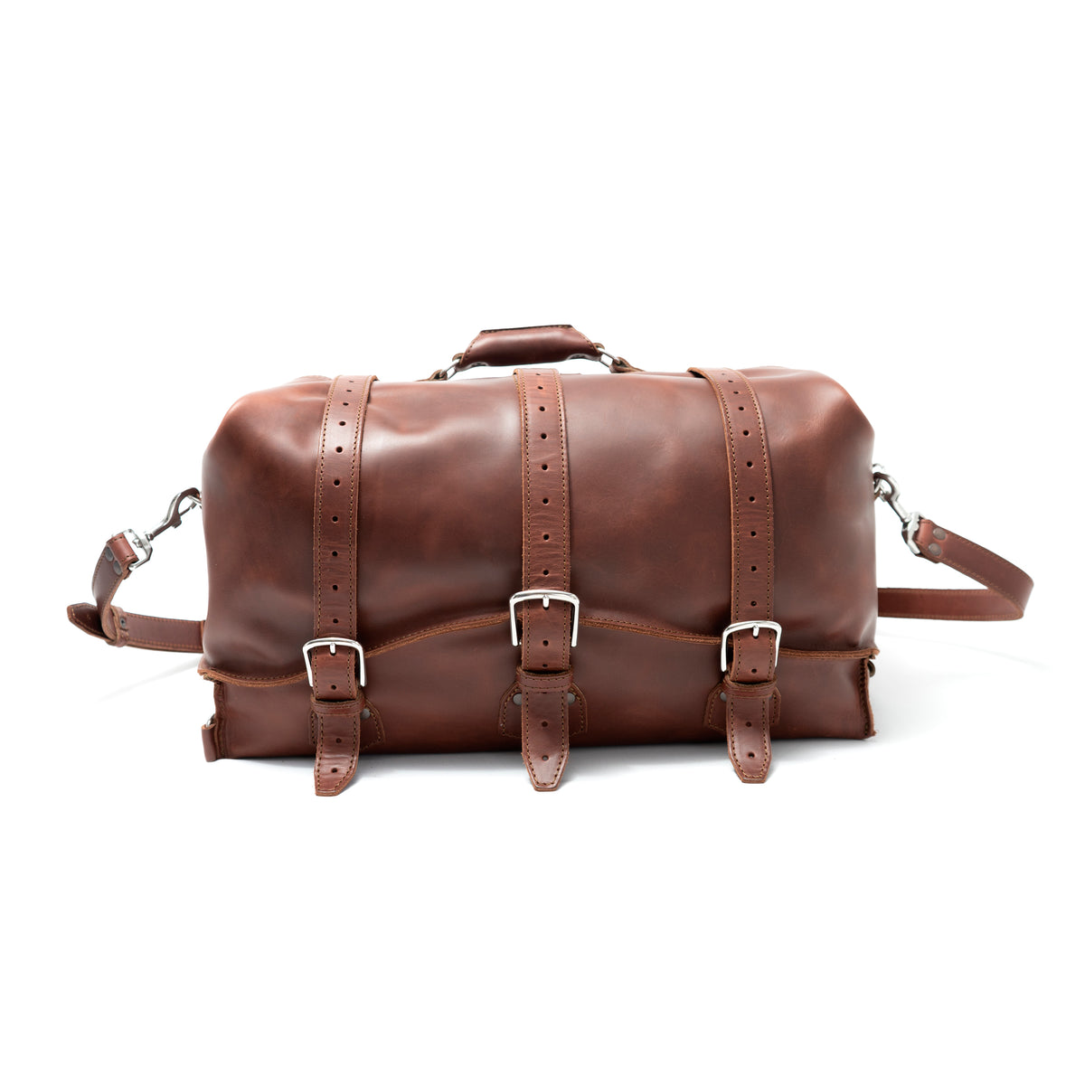 20" Waterbag in Chestnut, front view with three buckle straps, top handle and shoulder strap