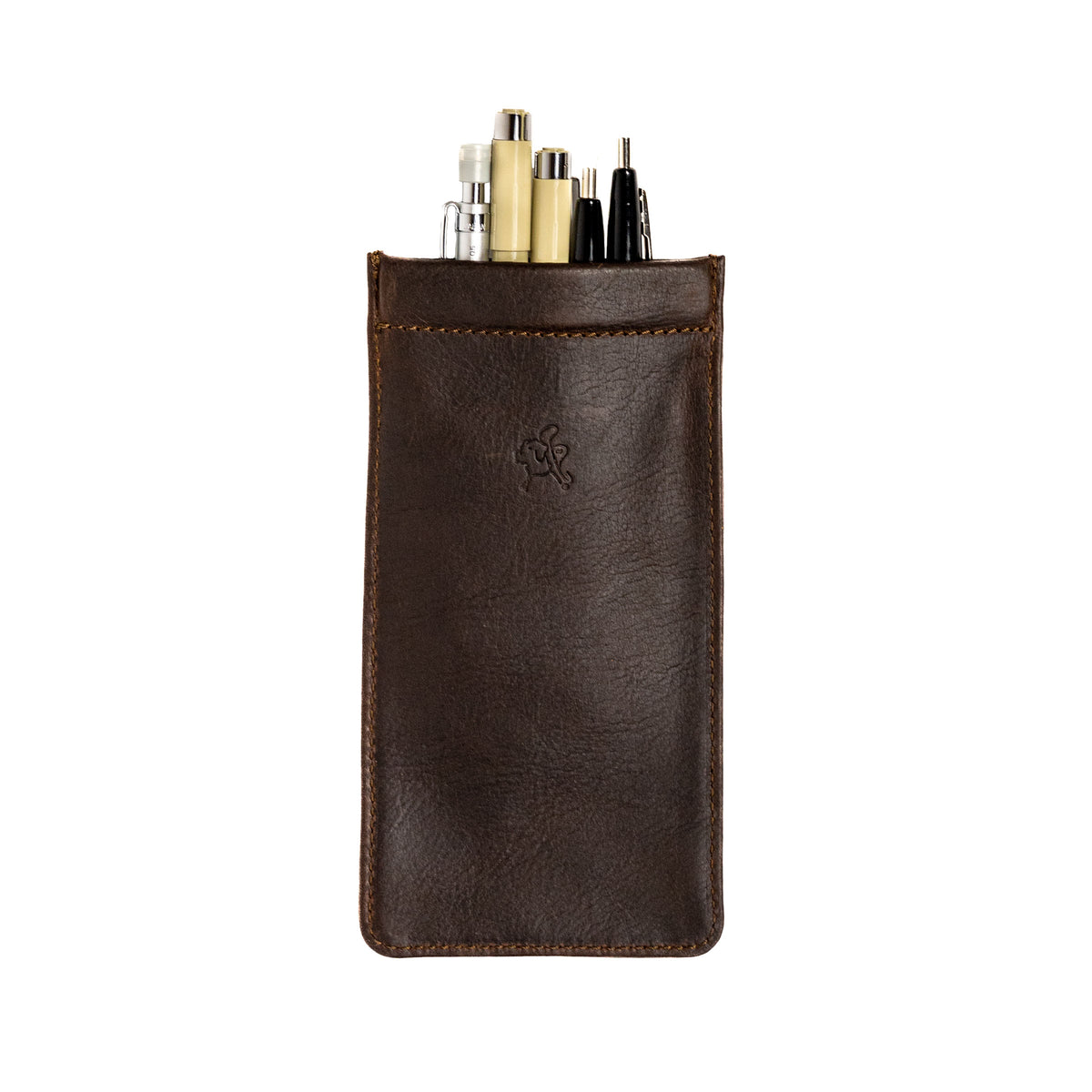 Bear Trap Leather Pen Case in Dark Coffee Brown, front view with pens poking out and embossed logo