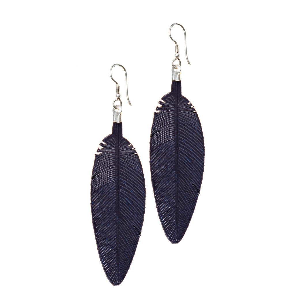 Leather Feather Earrings in Navy Blue, pair with etched feather detail and silver fishhook ear wires