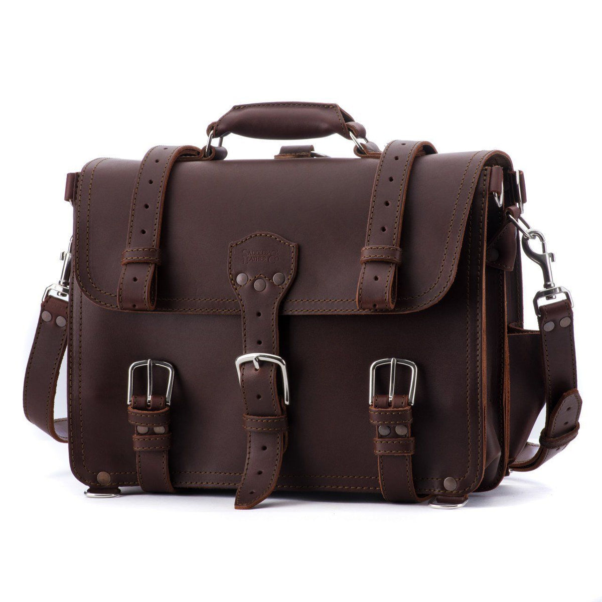 Large Classic Leather Briefcase in Chestnut, angled front view with buckled flap straps and front pockets