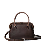 Everyday Purse in Dark Coffee Brown, front view with rolled top handles, embossed logo and shoulder strap