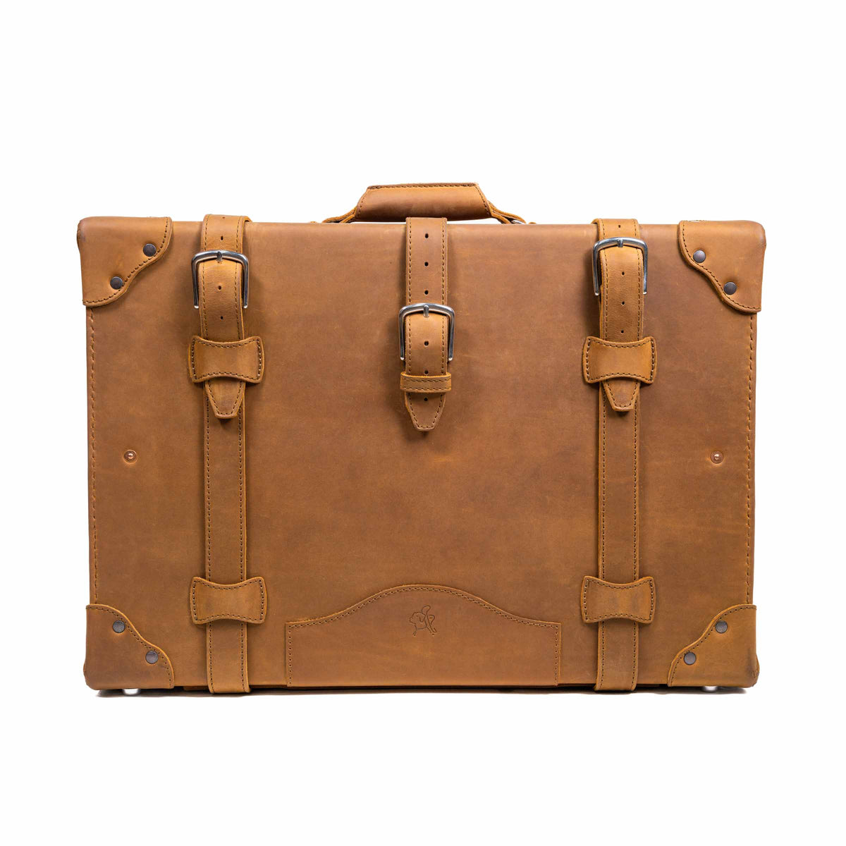 Grandfather Medium Suitcase in Tobacco, front view with three buckle straps and riveted corner caps