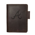Leather Journal Cover - Atlanta Braves in Dark Coffee Brown, front cover with embossed Braves A logo and pen loop