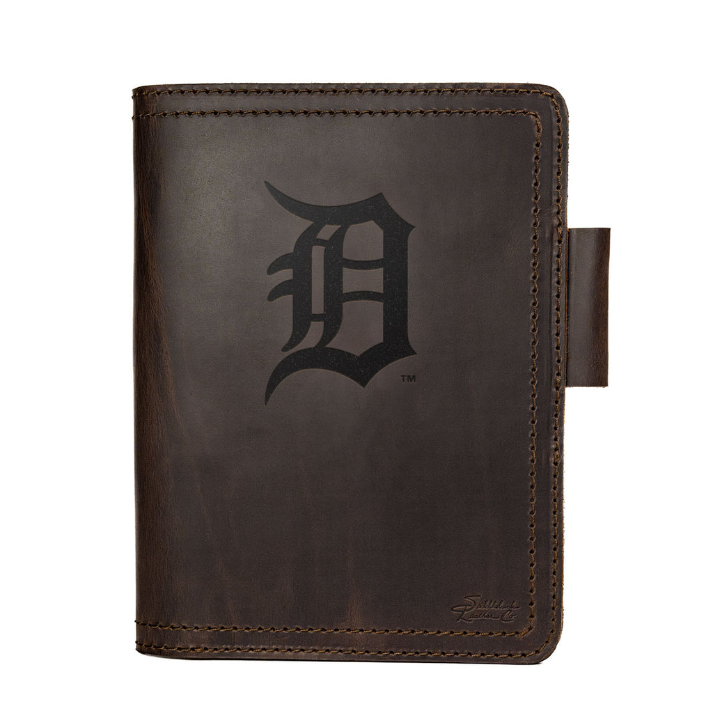 Leather Journal Cover - Detroit Tigers in Dark Coffee Brown, front cover with embossed Tigers Old English D logo