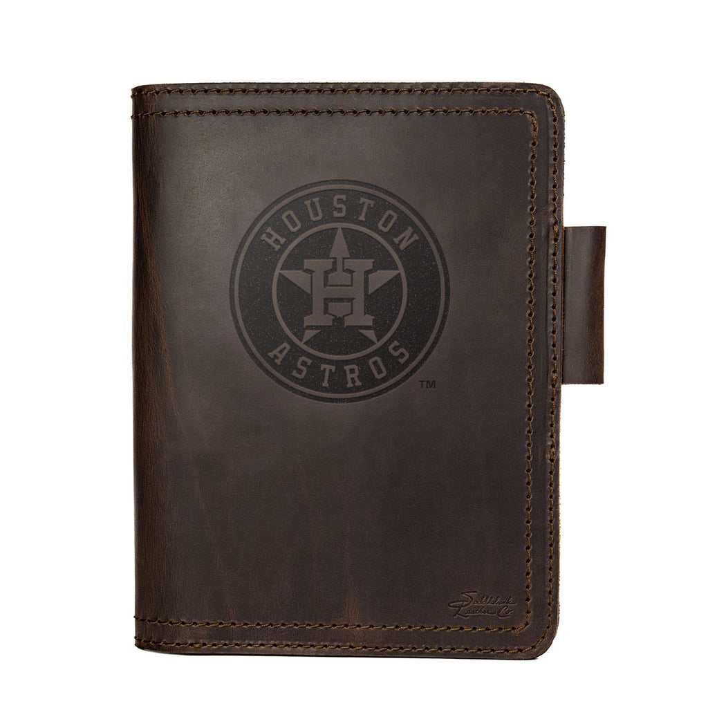 Leather Journal Cover - Houston Astros in Dark Coffee Brown, front cover with embossed Astros star logo and pen loop
