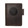 Leather Journal Cover - Milwaukee Brewers in Dark Coffee Brown, front cover with embossed Brewers ball-in-glove logo and pen loop
