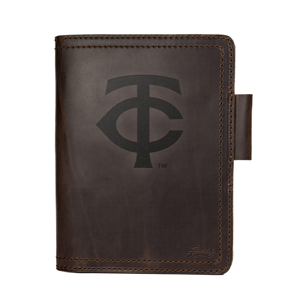 Leather Journal Cover - Minnesota Twins in Dark Coffee Brown, front cover with embossed Twins TC logo and pen loop