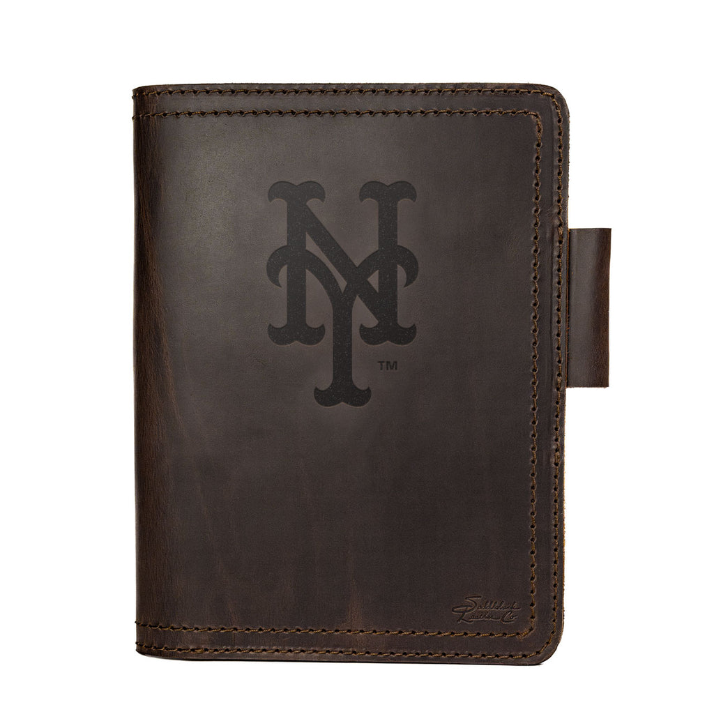Leather Journal Cover - New York Mets in Dark Coffee Brown, front cover with embossed Mets NY logo and pen loop