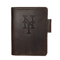 Leather Journal Cover - New York Mets in Dark Coffee Brown, front cover with embossed Mets NY logo and pen loop