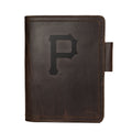Leather Journal Cover - Pittsburgh Pirates in Dark Coffee Brown, front cover with embossed Pirates P logo and pen loop