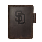 Leather Journal Cover - San Diego Padres in Dark Coffee Brown, front cover with embossed Padres SD logo and pen loop