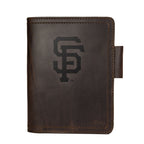 Leather Journal Cover - San Francisco Giants in Dark Coffee Brown, front cover with embossed Giants SF logo and pen loop