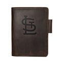 Leather Journal Cover - St. Louis Cardinals in Dark Coffee Brown, front cover with embossed Cardinals STL logo and pen loop