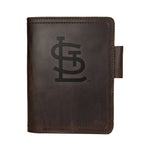 Leather Journal Cover - St. Louis Cardinals in Dark Coffee Brown, front cover with embossed Cardinals STL logo and pen loop