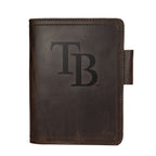 Leather Journal Cover - Tampa Bay Rays in Dark Coffee Brown, front cover with embossed Rays TB logo and pen loop
