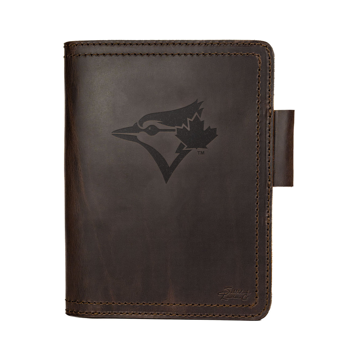 Leather Journal Cover - Toronto Blue Jays in Dark Coffee Brown, front cover with embossed Blue Jays bird logo and pen loop