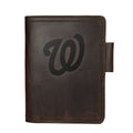Leather Journal Cover - Washington Nationals in Dark Coffee Brown, front cover with embossed Nationals W logo and pen loop