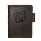 Leather Journal Cover - Washington Nationals in Dark Coffee Brown, front cover with embossed Nationals W logo and pen loop