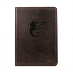 Leather Portfolio - Baltimore Orioles in Dark Coffee Brown, front cover with embossed oriole bird logo
