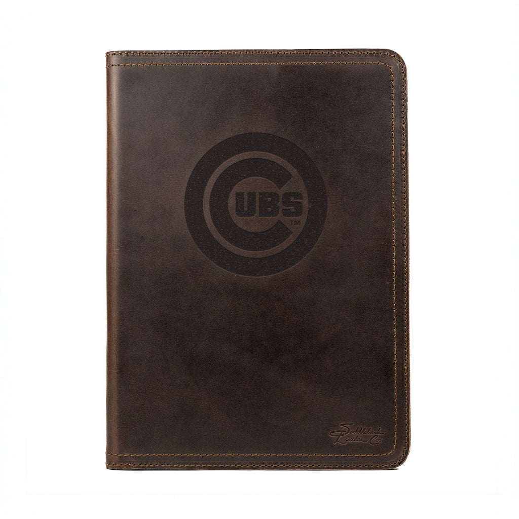 Leather Portfolio - Chicago Cubs in Dark Coffee Brown, front cover with embossed Cubs bullseye logo