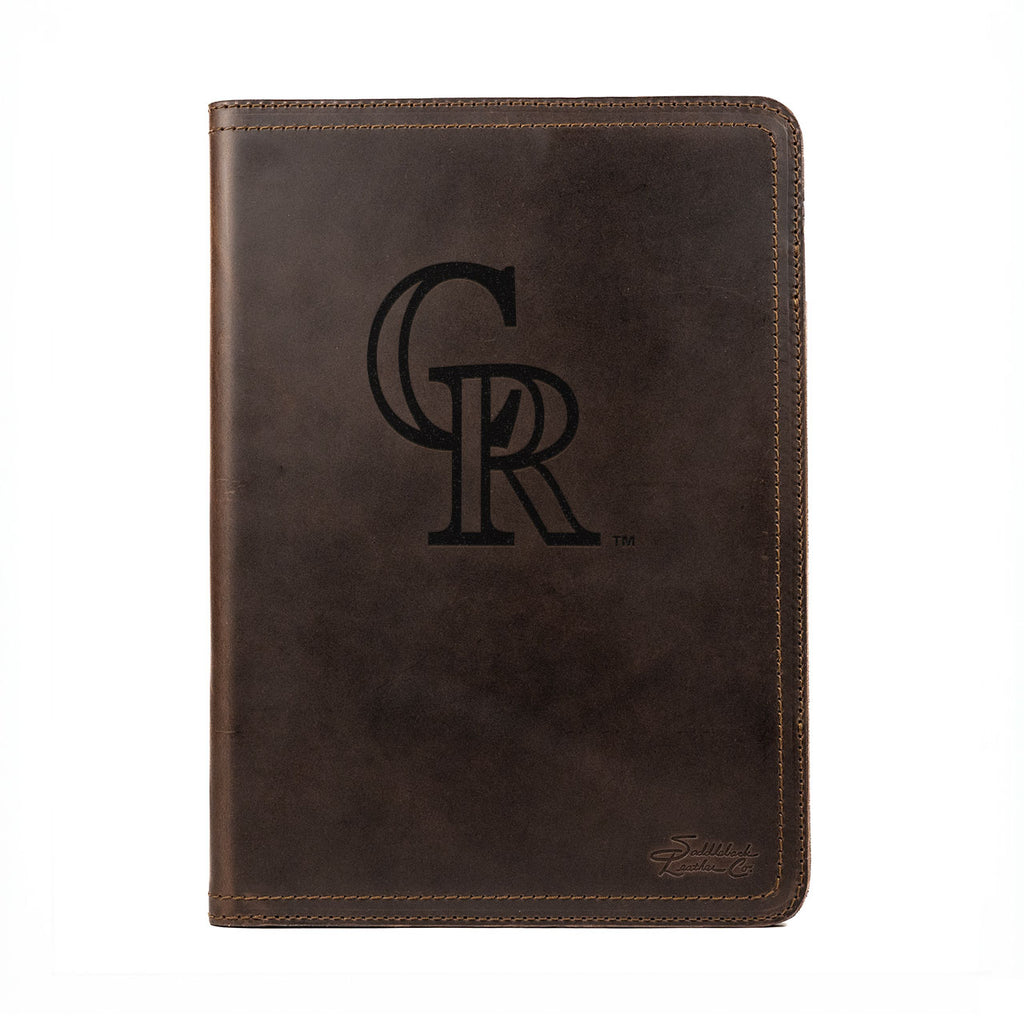 Leather Portfolio - Colorado Rockies in Dark Coffee Brown, front cover with embossed CR logo