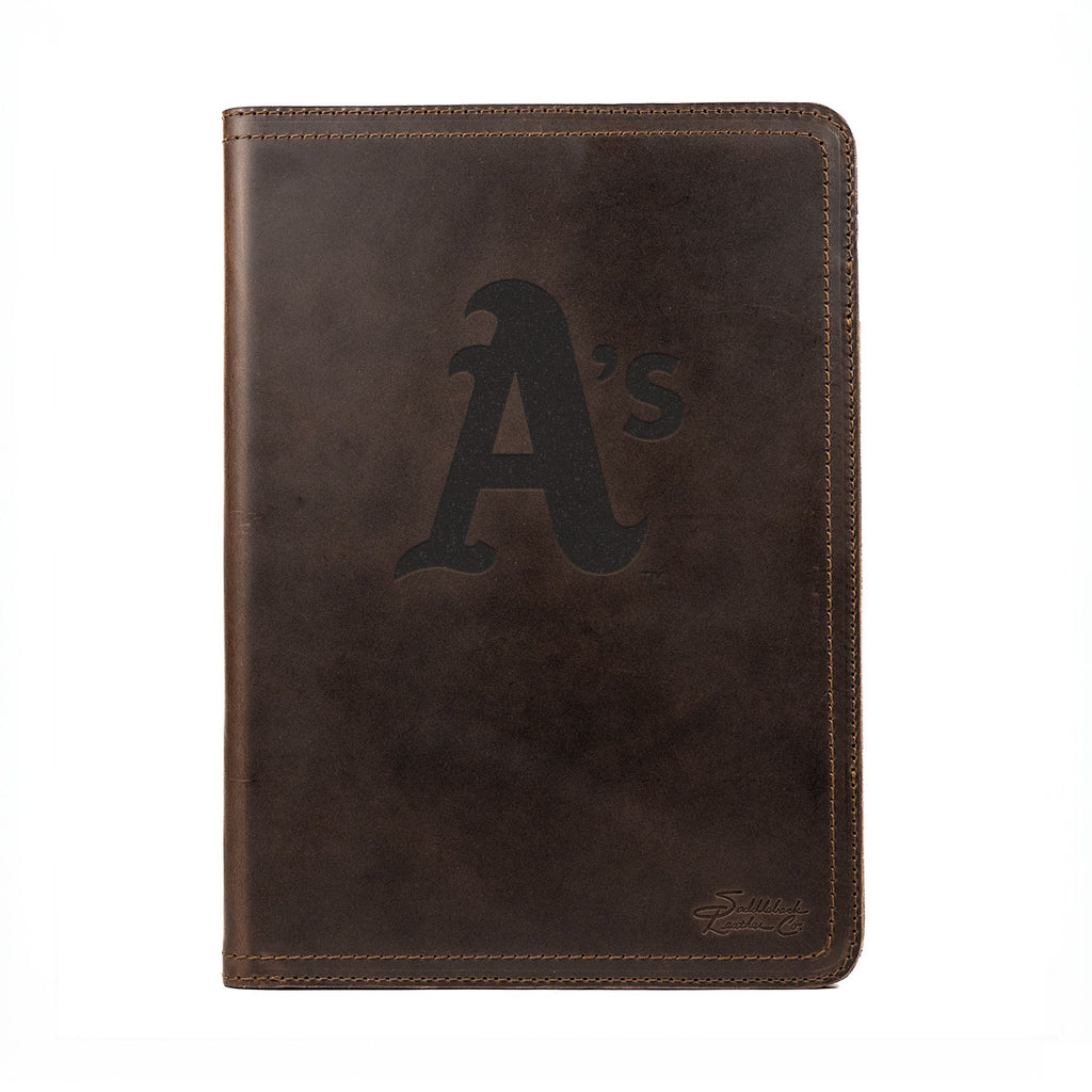 Leather Portfolio - Oakland Athletics in Dark Coffee Brown, front cover with embossed A's logo