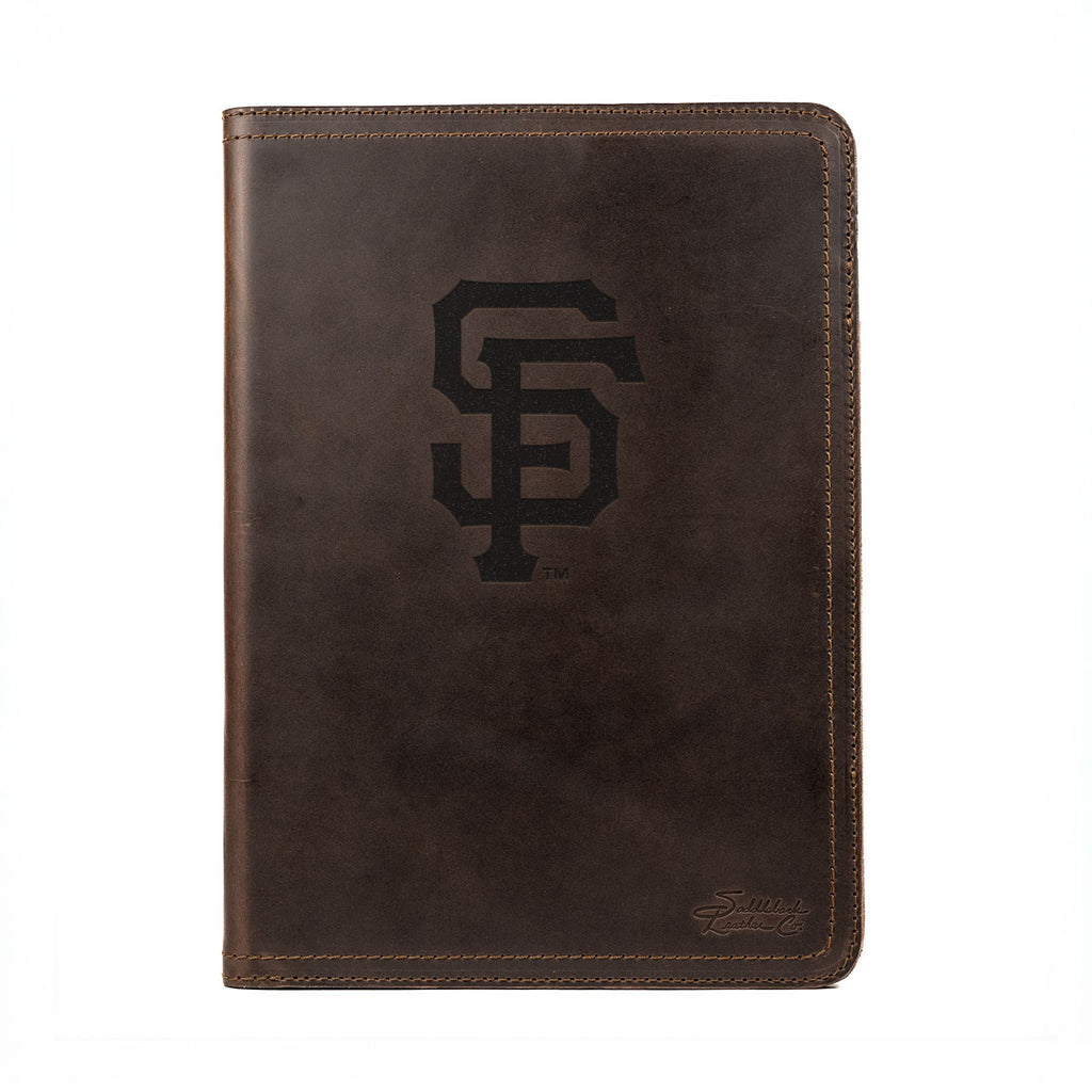 Leather Portfolio - San Francisco Giants in Dark Coffee Brown, front cover with embossed SF logo