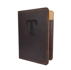 Leather Portfolio - Texas Rangers in Dark Coffee Brown, standing slightly open with embossed T logo on the cover
