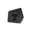 Texas Rangers Leather Coaster Set in Dark Coffee Brown, four fanned coasters with embossed T logo