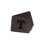Texas Rangers Leather Coaster Set in Dark Coffee Brown, four fanned coasters with embossed T logo