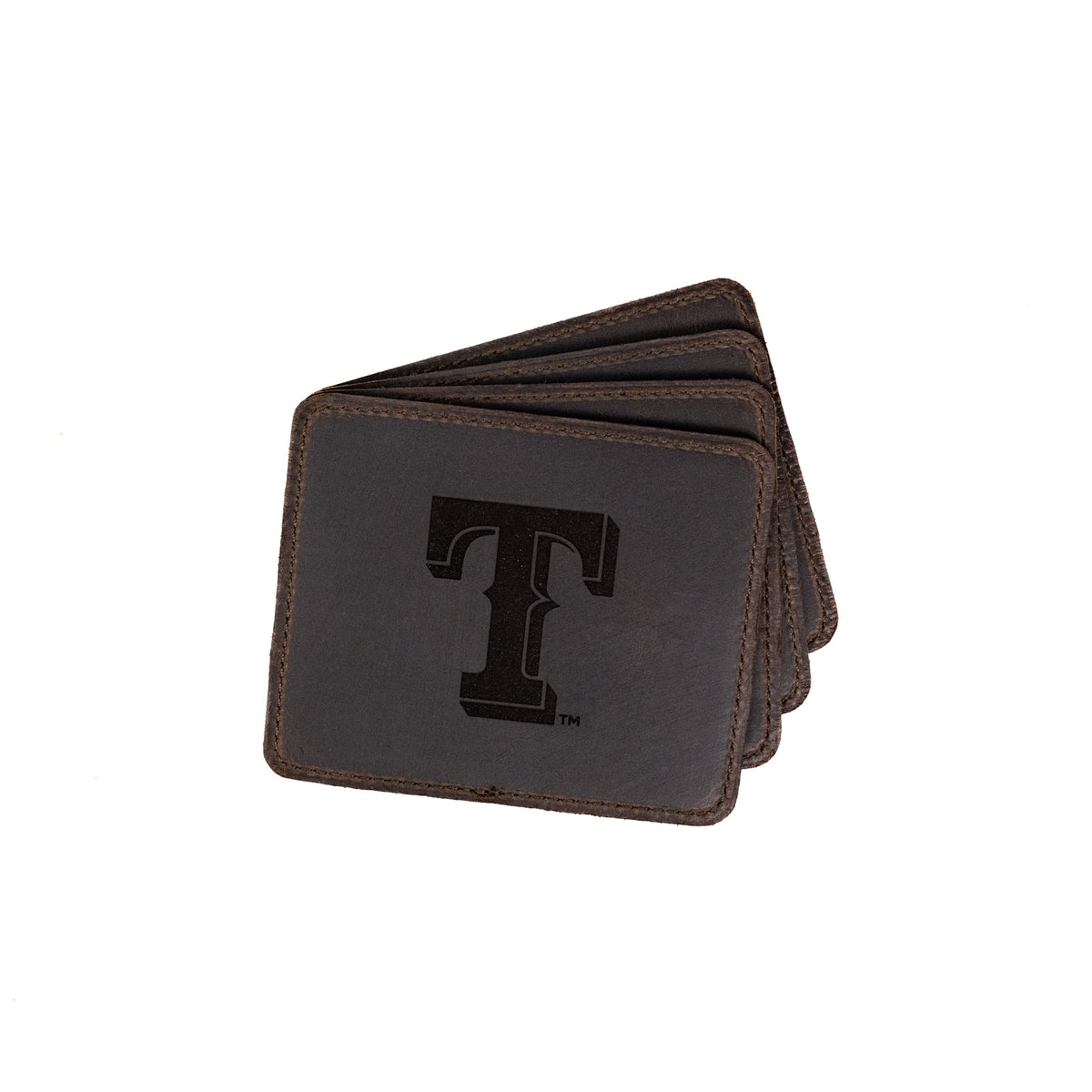 Texas Rangers Leather Coaster Set in Dark Coffee Brown, four fanned coasters with embossed T logo
