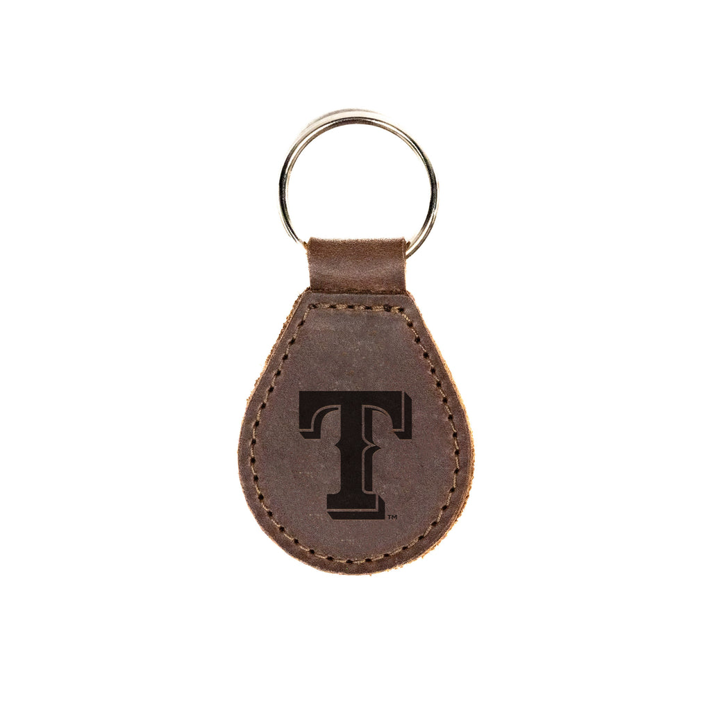 Leather Keychain in Dark Coffee Brown with embossed Texas Rangers T logo and silver key ring