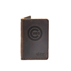 Leather Business Card Holder in Dark Coffee Brown with embossed Chicago Cubs bullseye logo, closed front view