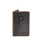 Leather Business Card Holder in Dark Coffee Brown with embossed Pittsburgh Pirates P logo, closed front view