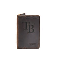 Leather Business Card Holder in Dark Coffee Brown with embossed Tampa Bay Rays TB logo, closed front view