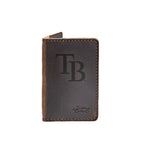 Leather Business Card Holder in Dark Coffee Brown with embossed Tampa Bay Rays TB logo, closed front view