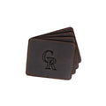 Colorado Rockies Leather Coaster Set in Dark Coffee Brown, four fanned coasters with embossed CR logo