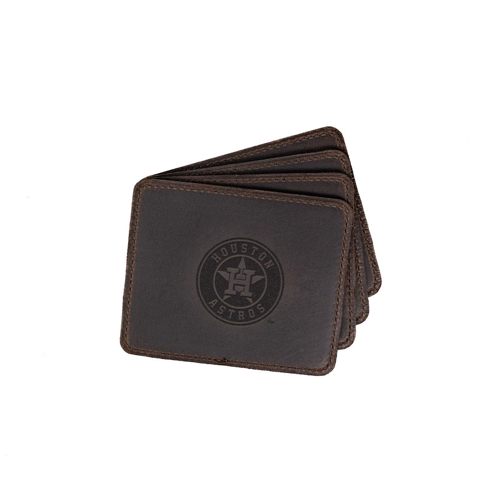 Houston Astros Leather Coaster Set in Dark Coffee Brown, four fanned coasters with embossed Houston Astros star logo