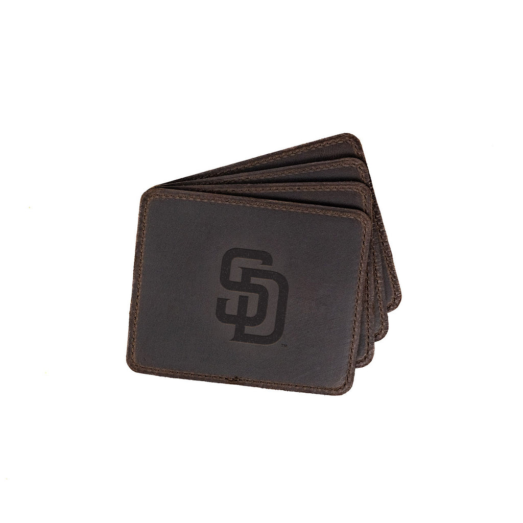 San Diego Padres Leather Coaster Set in Dark Coffee Brown, four fanned coasters with embossed SD logo