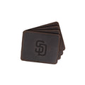 San Diego Padres Leather Coaster Set in Dark Coffee Brown, four fanned coasters with embossed SD logo