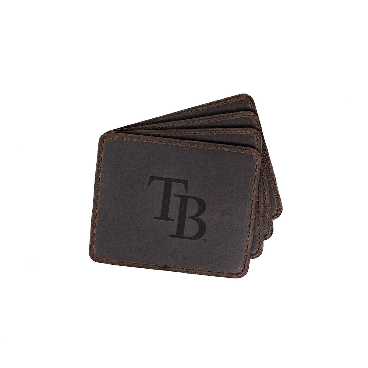 Tampa Bay Rays Leather Coaster Set in Dark Coffee Brown, four fanned coasters with embossed TB logo