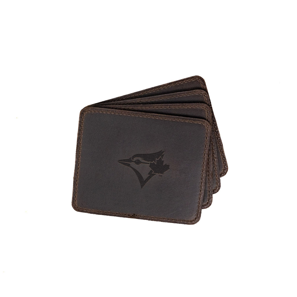 Toronto Blue Jays Leather Coaster Set in Dark Coffee Brown, four fanned coasters with embossed bird logo