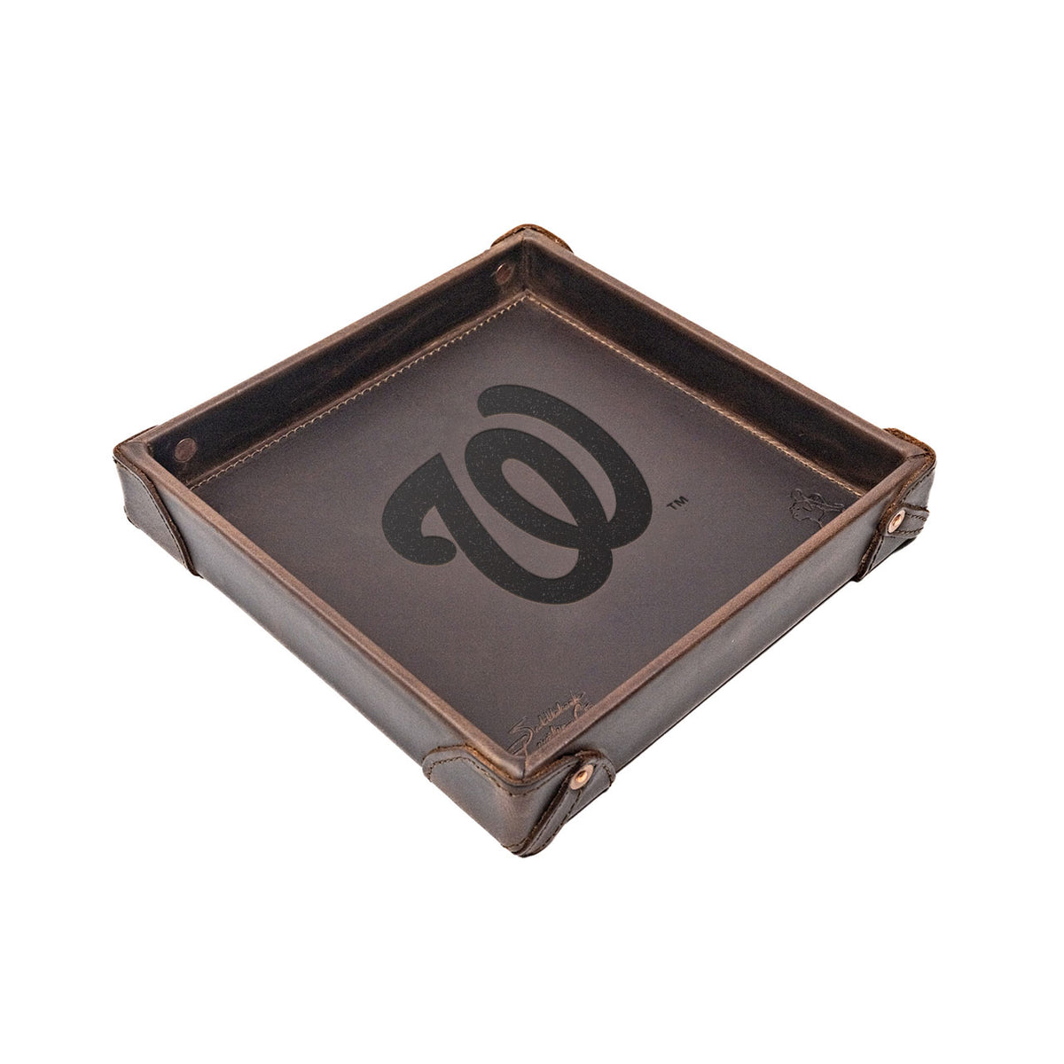 Washington Nationals Leather Valet Tray in Dark Coffee Brown with riveted corners and embossed curly W logo
