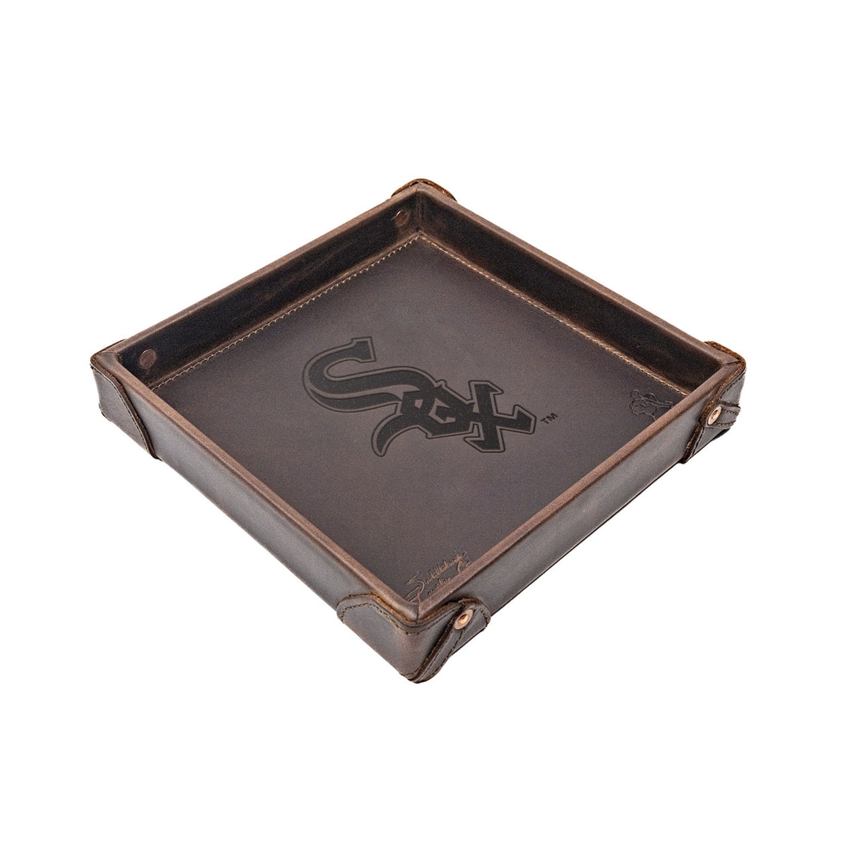 Chicago White Sox Leather Valet Tray in Dark Coffee Brown with riveted corners and embossed SOX logo