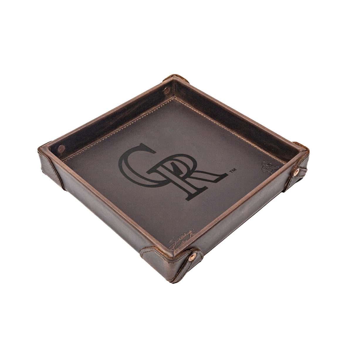 Colorado Rockies Leather Valet Tray in Dark Coffee Brown with riveted corners and embossed CR logo