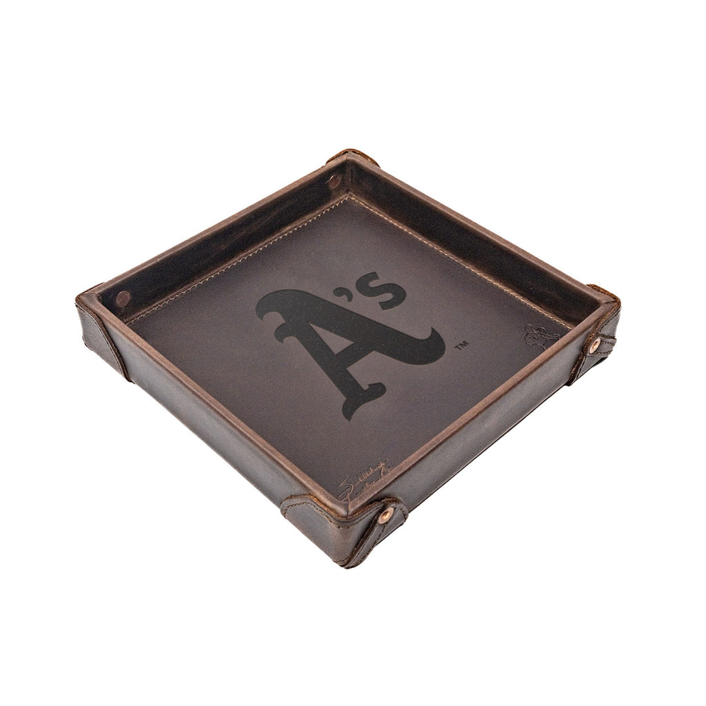 Oakland Athletics Leather Valet Tray in Dark Coffee Brown with riveted corners and embossed A's logo
