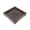New York Yankees Leather Valet Tray in Dark Coffee Brown with riveted corners and embossed interlocking NY logo