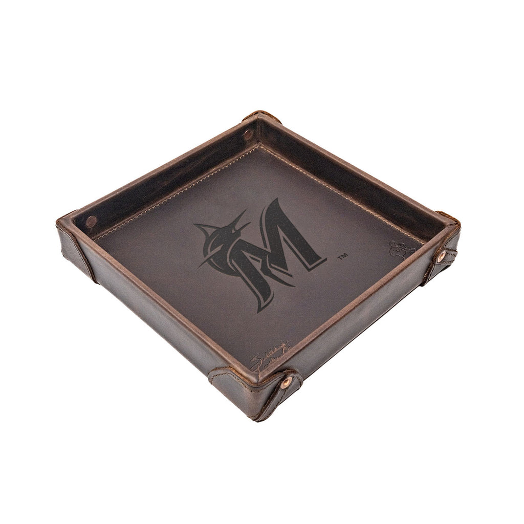 Miami Marlins Leather Valet Tray in Dark Coffee Brown with riveted corners and embossed M and marlin logo