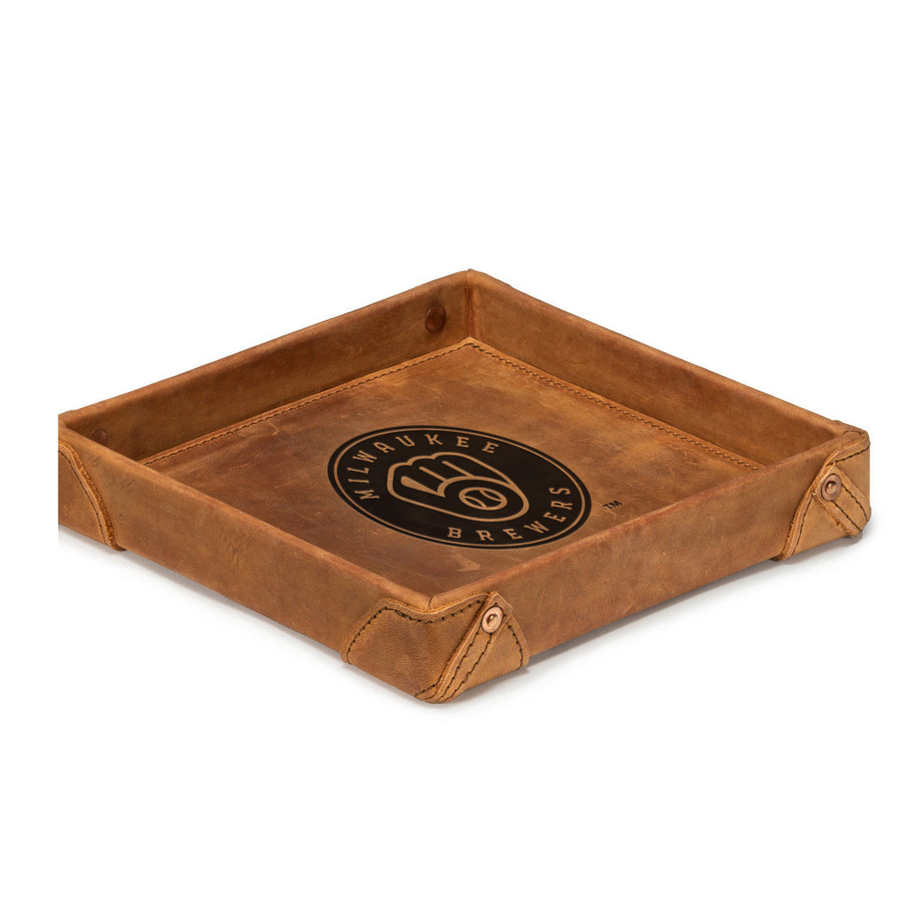 Milwaukee Brewers Leather Valet Tray in Tobacco with riveted corners and embossed ball-in-glove logo