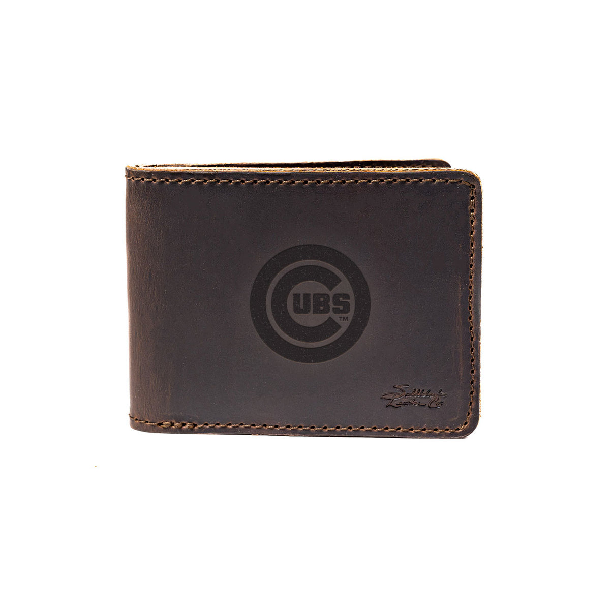 Leather Bifold Wallet in Dark Coffee Brown with embossed Chicago Cubs bullseye logo, closed front view